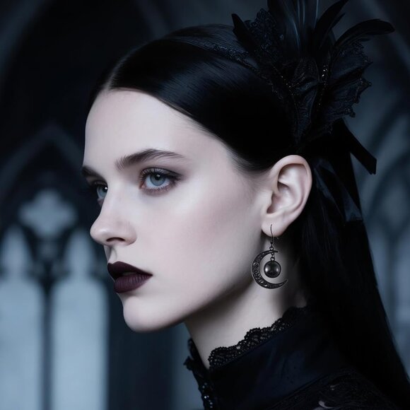 Gothic Moon Jewelry Set Black Velvet Necklace Earrings Costume Accessory - Picture 5 of 7